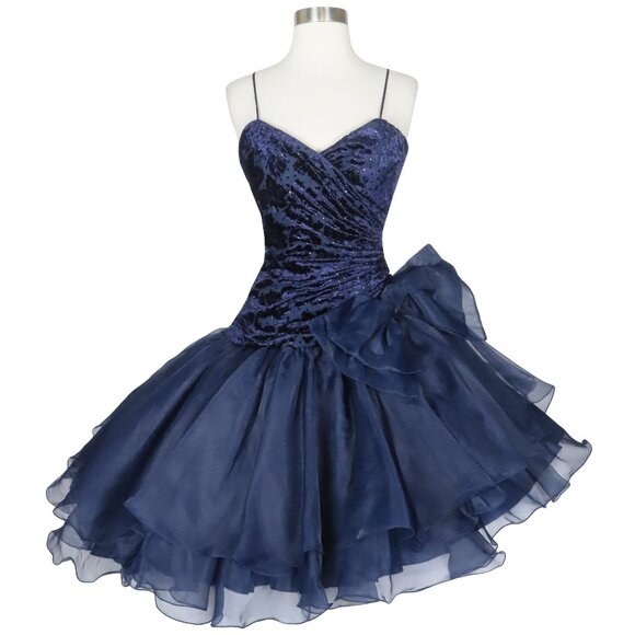 Vintage 80s Navy Blue Velvet Burnout Full Skirt Bow Dance Prom Party Dress XS S - Picture 2 of 12